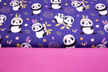 Stoffpaket Jersey + Bündchen mit Pandas, blau, beere